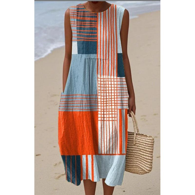 Summer new sleeveless pocket casual printing temperament long dress dress slim dress