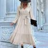 Women's Fashion Spring Fall Solid Color Print Long Sleeve V-Neck High Waist Casual Dresses