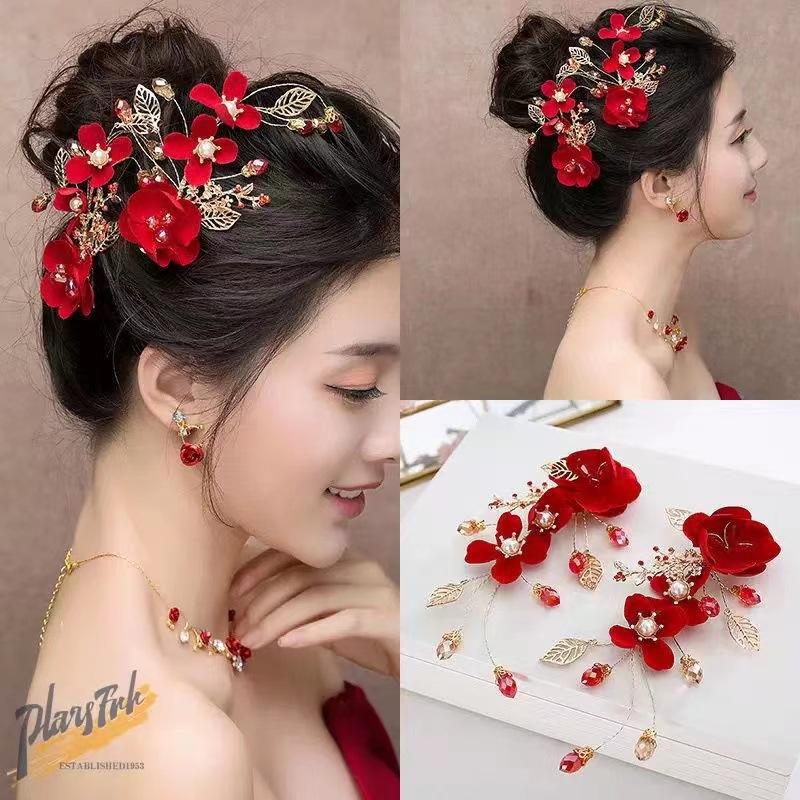 Vintage Silk Flower Hairpin For Girls Red Flower Pearl Hair Clip New Year Lucky Jewelry Hair Accessories Gift For Little Girls