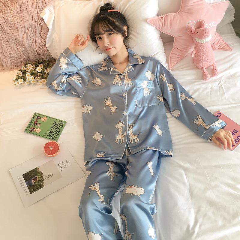Pijama feminino de primavera e outono, manga comprida, fino, doce, verão, feminino, seda simulada, tamanho grande, conjunto de roupa de dormir solta