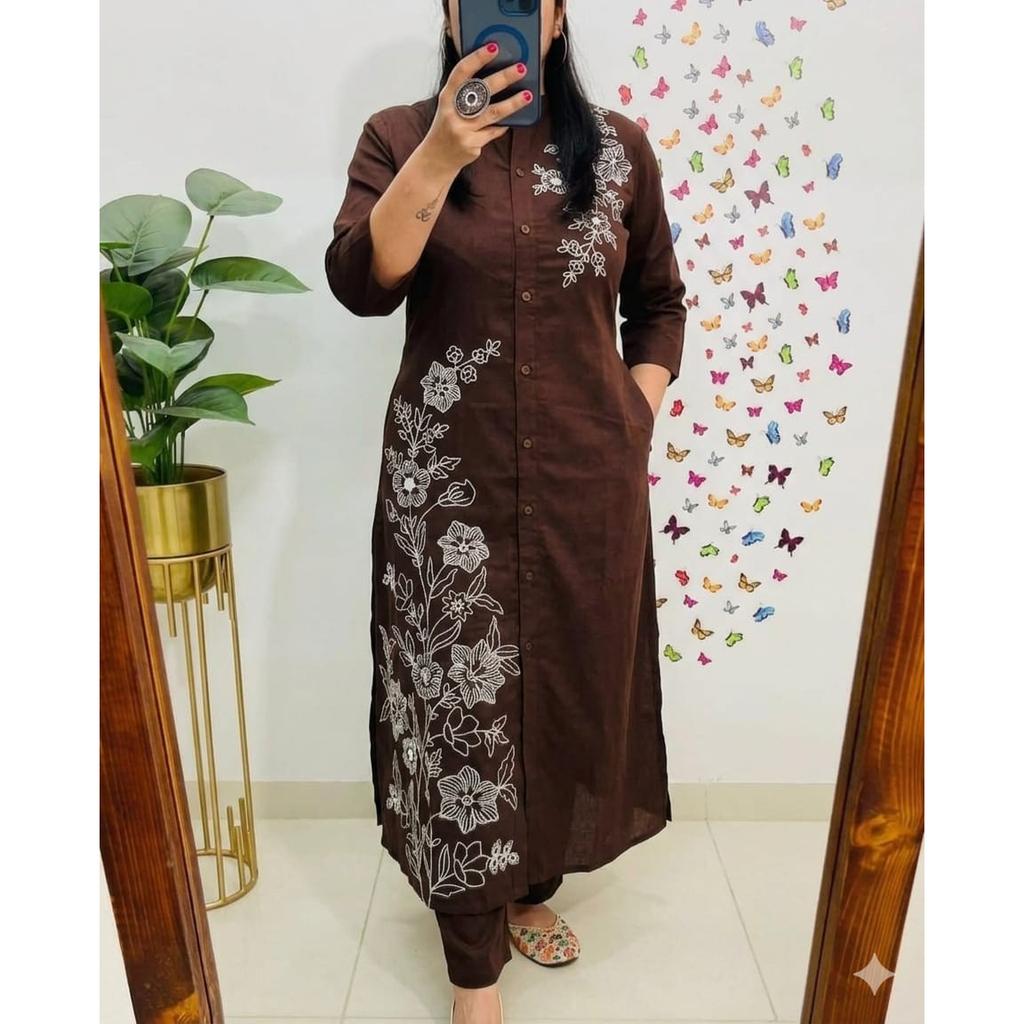 Indian Cotton Slub Kurti with Pant Set Women Party Wear Ethnic Kurta Cord Set