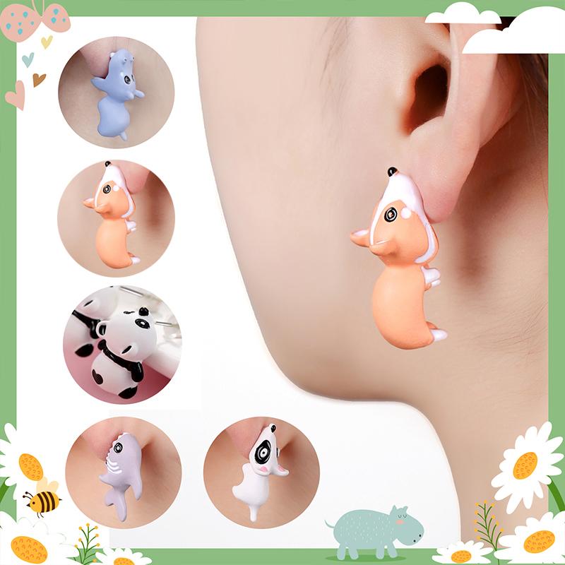 2pcs/1pair Animal Cartoon Stud Earring for Women Girl Cute Dinosaur Little Dog Whale Clay Bite Ear Jewelry Funny Gifts
