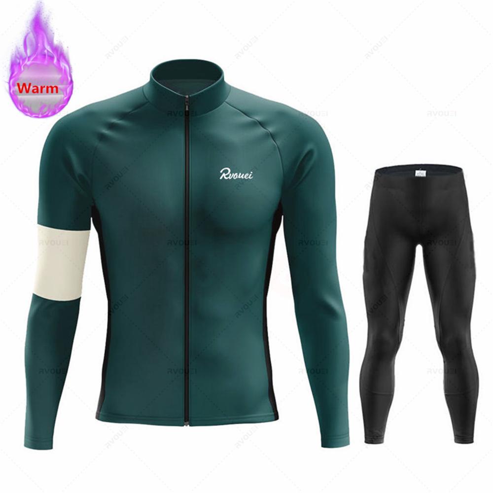 Winter Rvouei Cycling Clothing Men's Thermal Fleece Bicycling Clothing Set Outdoor MTB Bike Bib Pants Ropa Maillot Ciclismo