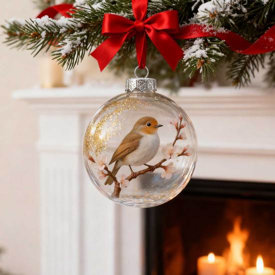 Nature's Birds Crystal Glass Ornament Clear Plastic Bird Christmas Ball Ornament Xmas Tree Memorial Gifts for Holiday Indoor Home Decor