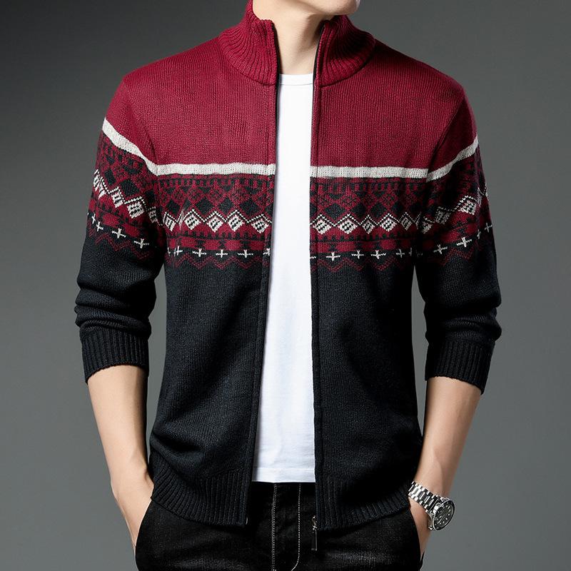 Autumn and Winter Men's Sweaters Casual Stand-up Collar Printed Sweaters Men's Coats Plus Fleece Jackets