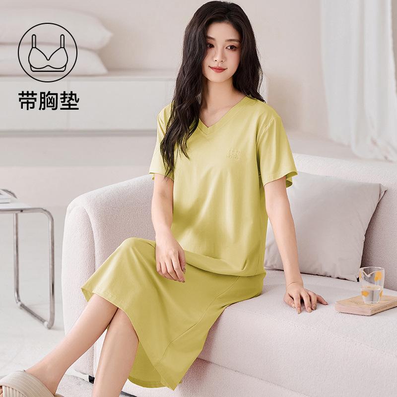 nightgown with chest pad women's summer pure cotton short-sleeved medium and long dress simple solid color summer can wear loungewear
