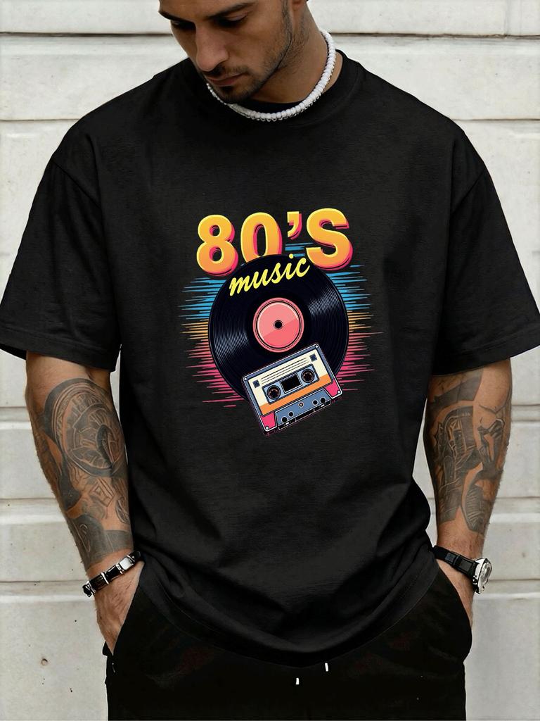 Vintage Retro 80s Music Vinyl Cassette Art Front Graphic Print Unisexs Crew Neck Short Sleeve Tee Casual Daily Soft Basic Wear Top