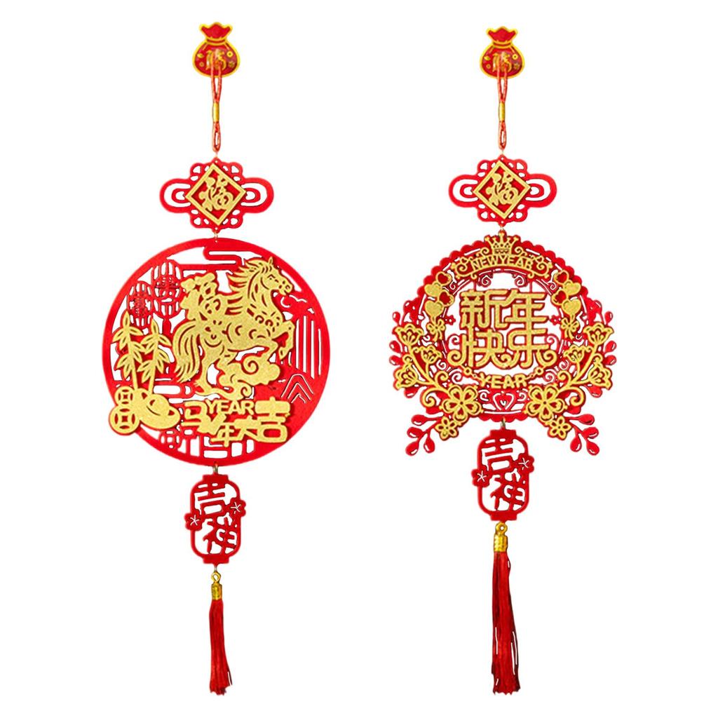 Horse Year Blessing Pendant Flocked Fabric Red Hanging Ornament Fu Symbol Prosperity Decor for Chinese New Year Home Use