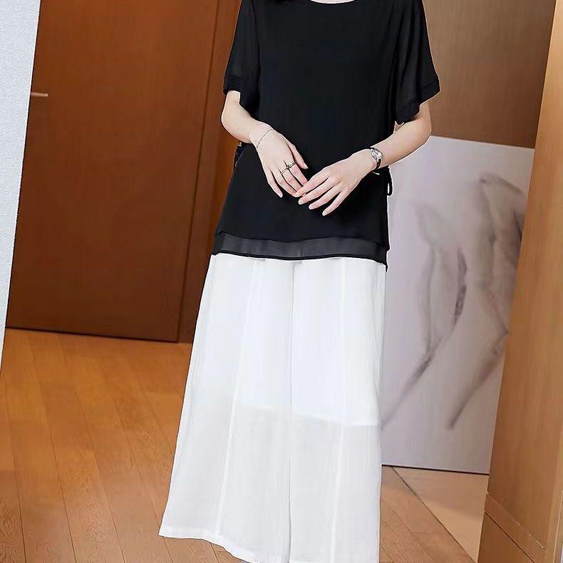 Camisa de Chifón para Mujer Verano Versión Coreana Cuello Redondo Talla Grande Manga Corta Top Suelto Camisa Pequeña para Mujer