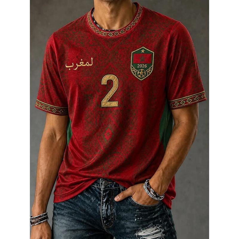 Bobby3 Marokko 2026 Thuis Voetbalshirt Rood Islamitisch 3D Print Korte Mouw Voetbalshirt Arabische Letter Print Fan Sport T-shirt Top 3XL