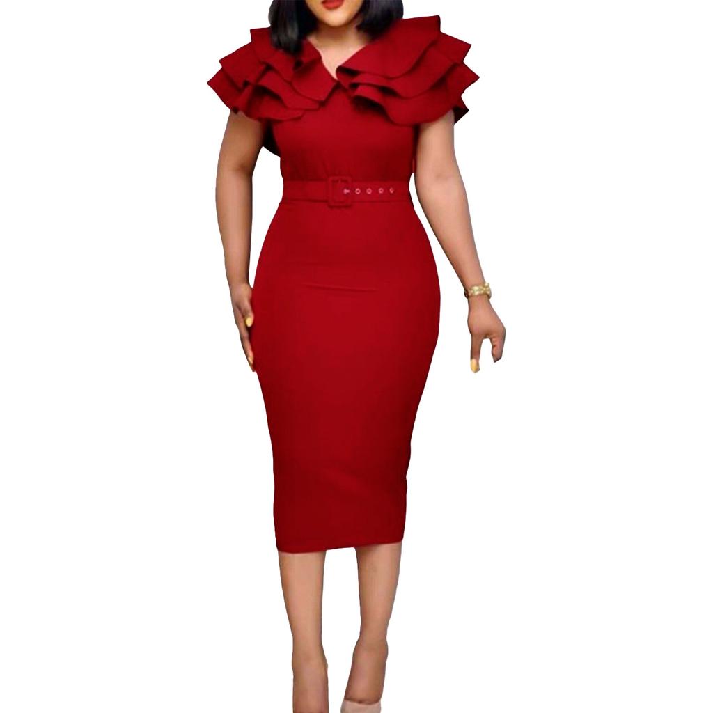 Großes Damen-Sommermode-Rüschenkleid, einteiliges, einfarbiges Etuikleid mit Gürtel