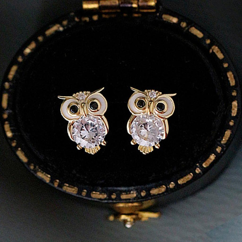 Cute Owl Shaped Round Stone Inlaid Animal Stud Earrings Women Lovely Daily Ear Jewelry