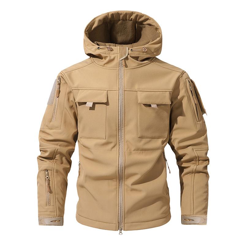 European Plus Velvet Jacket for Men, Autumn and Winter Thick and Warm Jacket, Outdoor Camouflage Waterproof Hooded Mountaineering Suit