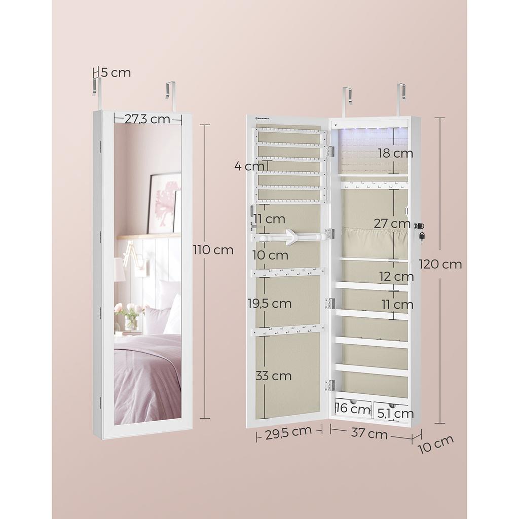 SONGMICS Jewellery Cabinet Armoire, Lockable Wall-Mounted Storage Organiser Unit for Necklace Earring, with Mirror and Various Compartments