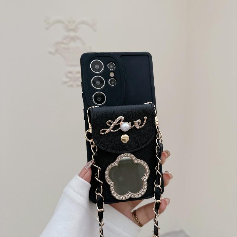 Mirror Wallet Case for Samsung Galaxy S25 Ultra S21 S22 S23 FE S24 Plus A17 Strap Card Slot Crossbody Lanyard Cord Flower Cover