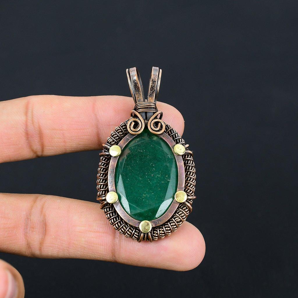 Lab-Created Emerald Gemstone Pure Copper Wire Wrapped Handmade Pendant Jewelry For Her