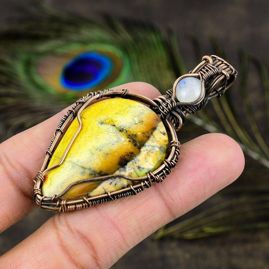 Natural Yellow Dendritic, Moonstone Gemstone Copper Wire Wrap Pendant 2.76" G6I39