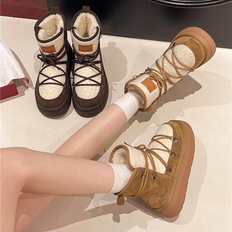Platform Fleece Snow Boots Women's  Winter New Slip-on Fur All-in-One Lace Warm Booties