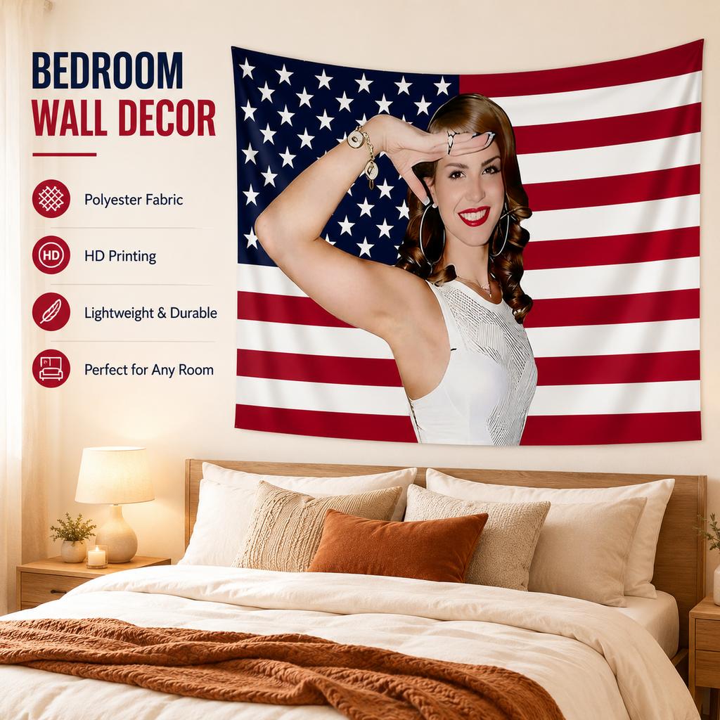 Lana Del Rey Patriotic American Flag Tapestry, Salute Woman Wall Hanging, Peach Beige Decor For Bedroom, Dorm & Party