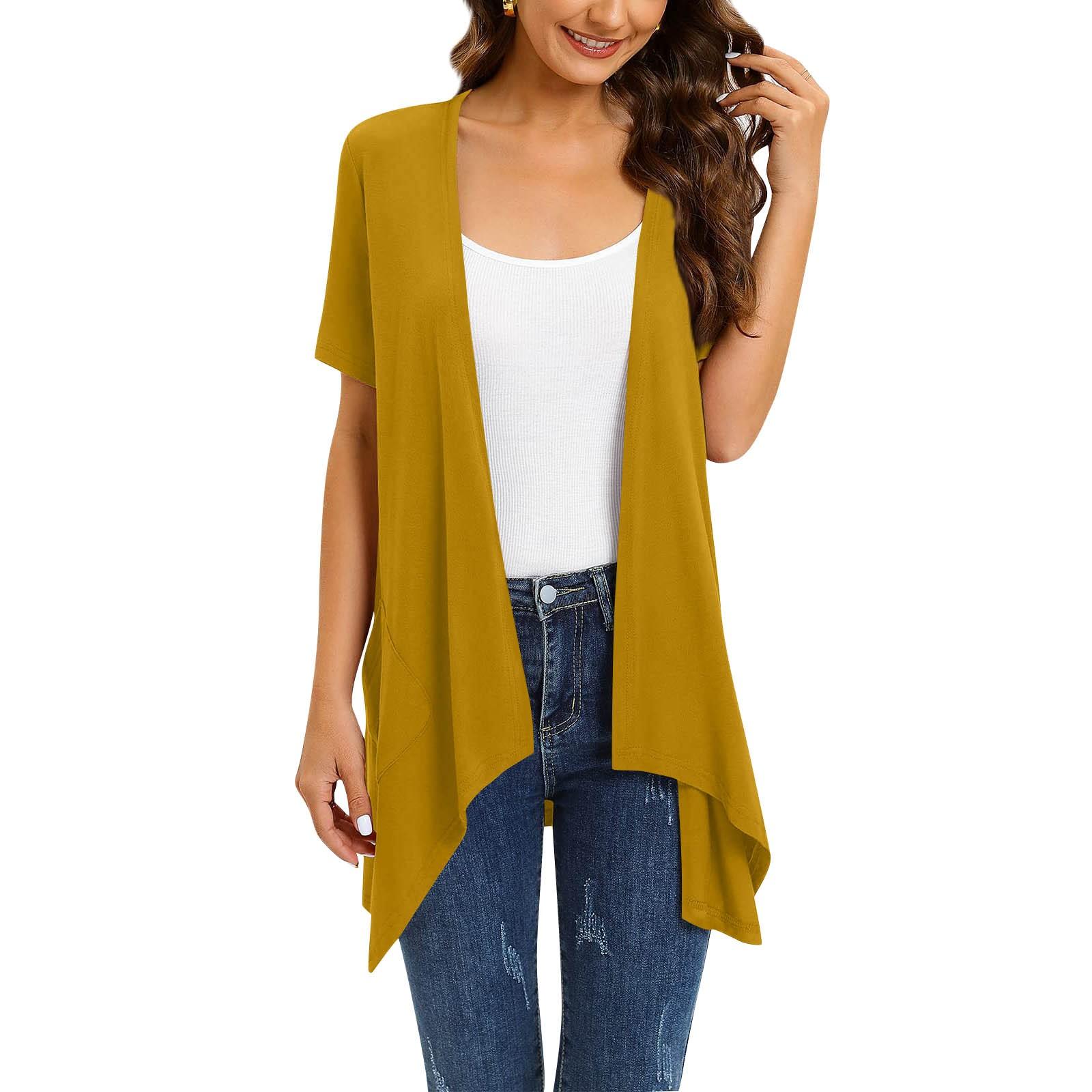 Женская мода сплошной цвет нерегулярный кардиган с короткими рукавами и карманами пальто — фото 7