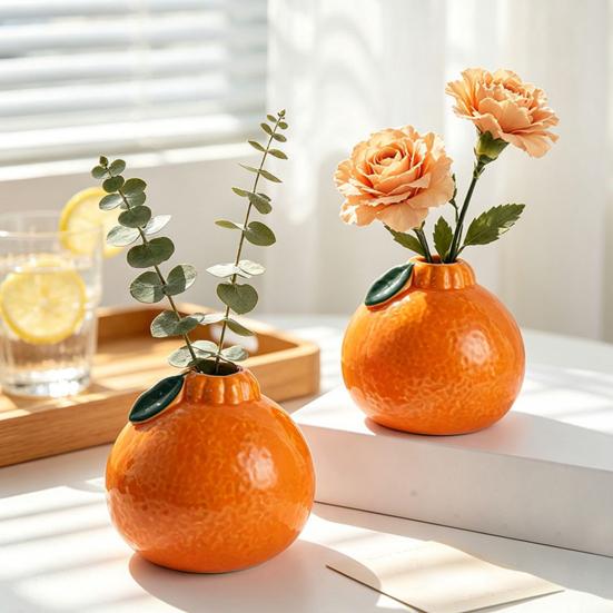 Dekorative Keramik-Knospenvase in Orangenform, Modernes Frucht-Design Kleiner Hydrokultur-Pflanzer für Zuhause, Zimmer, Büro, Tischdekoration