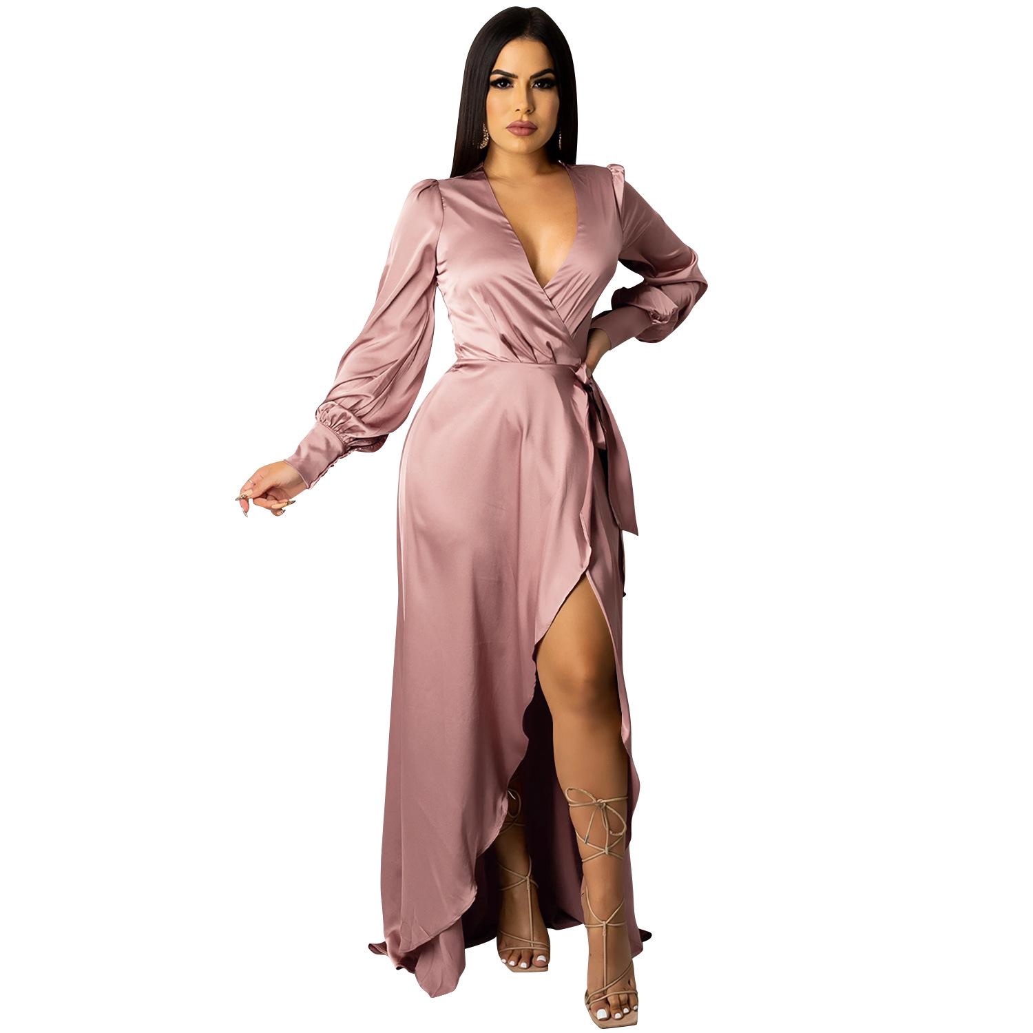 

X5373 European & American Fashion Sexy Solid Color Deep V-Neck Tie-Up Long Sleeve Slit Dress for Women S розовый