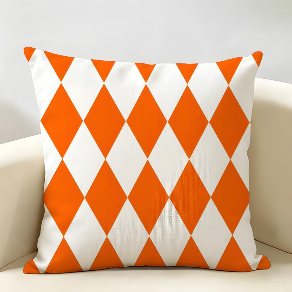 Orange Checkered Polka Dot Geometry Cushion Cover Natural Linen Organic Fabric Printing Breathable Perfect For Home Decor