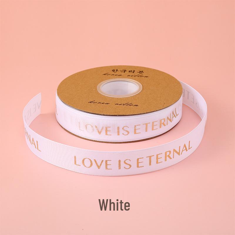 1CM Ribbed Silk Satin Ribbon with Hot Stamped English Letters for Cake Decoration and DIY Craft Gifts