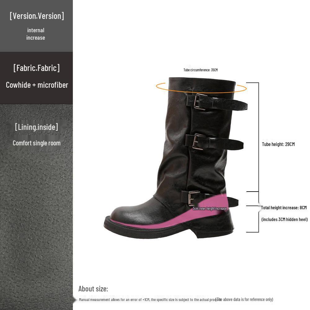 8cm Hidden Heel Women's Mid-Calf Boots - 2025 Autumn/Winter Collection, Thick Sole with Buckle & Wrinkled Design.