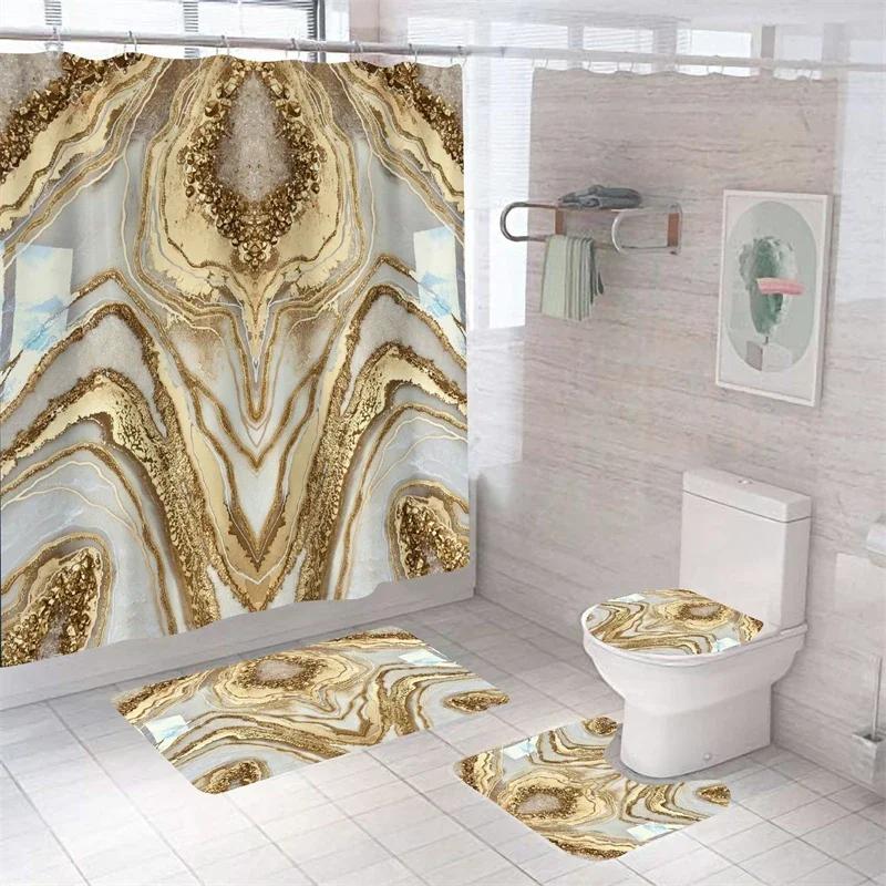 Luxury 3D Marble Shower Curtain Set Polyester Fabric Waterproof Batthroom Curtains Modern Style Printing Bath Toilet Cover Mat