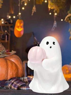 Cute Ghost Figurine Decor, Ceramic Ghost Ornament with Pumpkin for Tabletop Desk Home Decoration