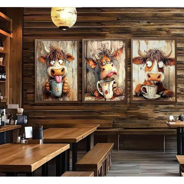 3pcs Funny Cow Canvas Wall Art Humor Dreaming Cow Drinking Coffee Posters Prints Paintings Playful Country Farmhouse Animals Wall Decor Pictures for