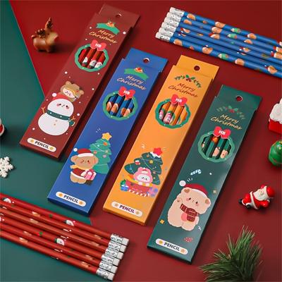 6Pcs Sketch Pencil Adorable Smooth Writing with Eraser Children's Cute Christmas Series Wood HB Pencil for School