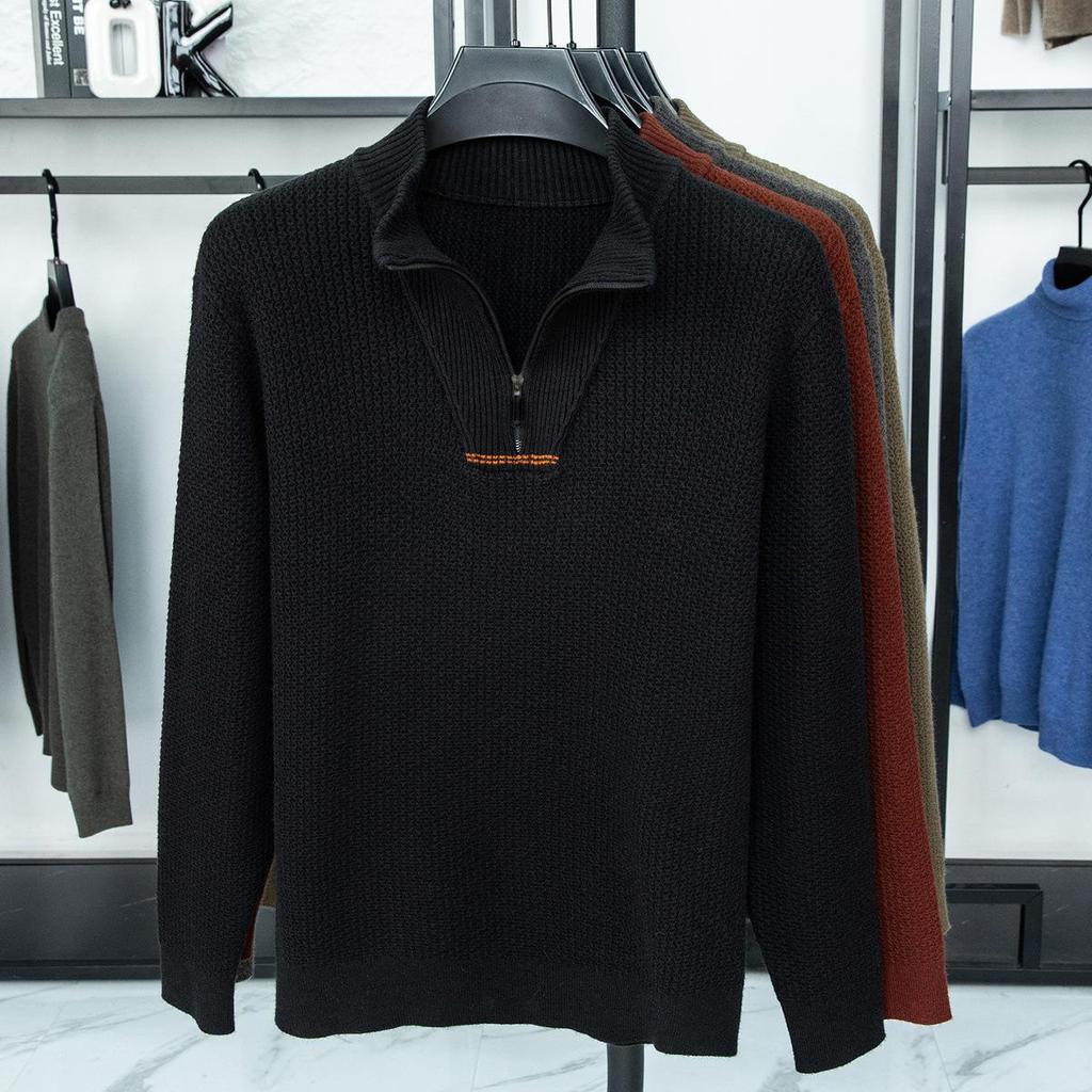 Men's Plus Size Trendy Half-Zip Wool Sweater: Autumn/Winter Fleece Pullover, Warm Casual Knit.