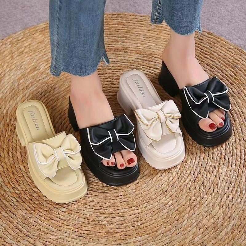 Bow one-word drag versatile platform slippers women wear new summer fashion slippers
