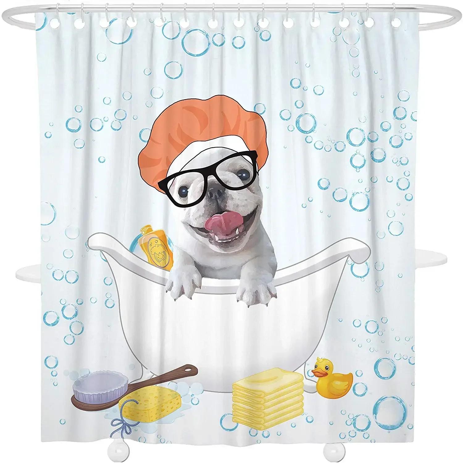 

Dog Waterproof Polyester,French Bulldog Bathroom Curtain,Decorative Funny Animal Shower Curtain Liner with Hooks W90XH180cm
