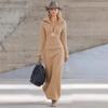 Women's Half Zip Turn Down Collar Long Sleeve Fleece Maxi Dress Slim Fit Casual Evening Dress