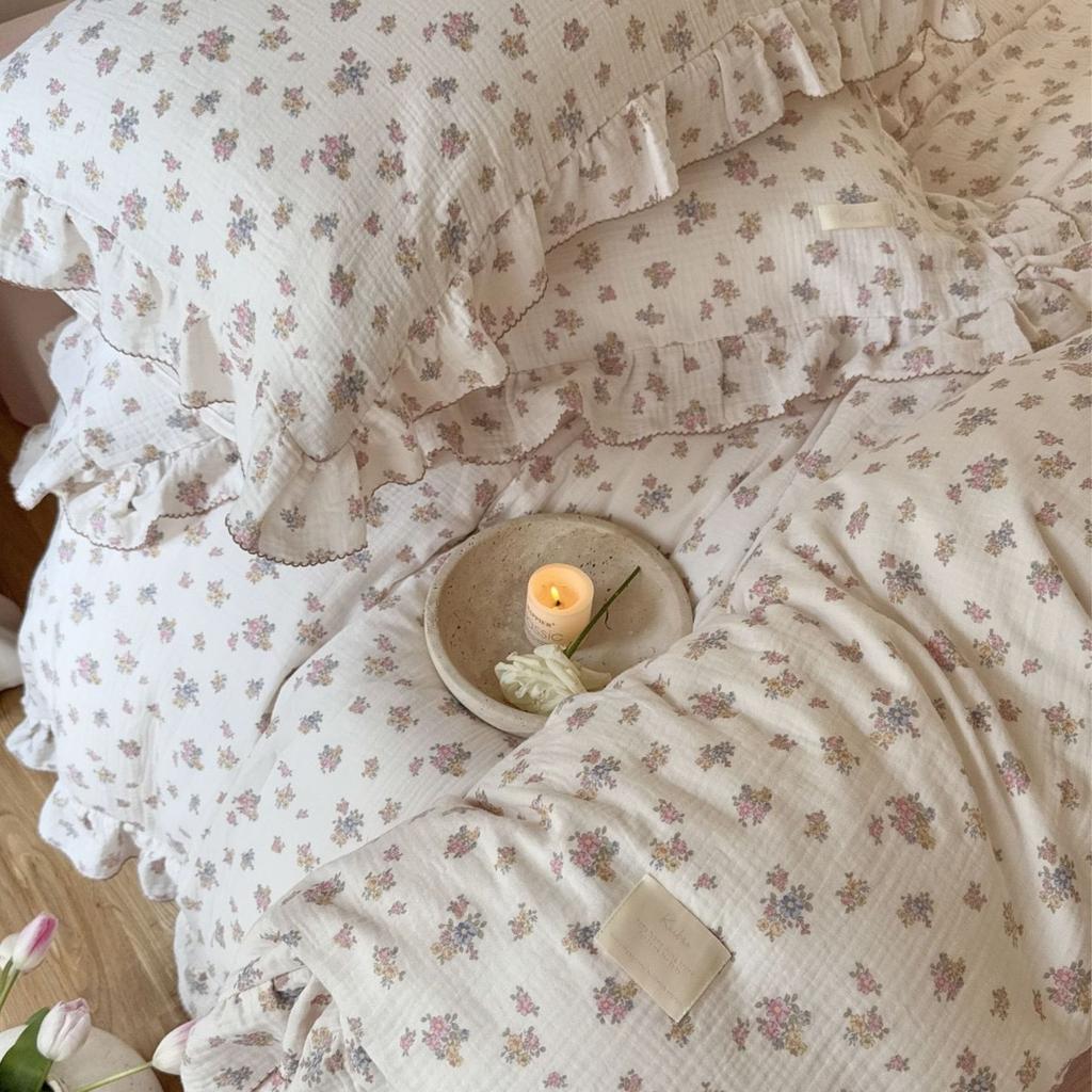 INS Princess Ruffle Edge Gauze 100% Cotton Pillow Case Breathable Duvet Cover Without Filler 3PCS Floral Home Bedding Set