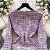 Autumn Winter Small Fragrant Long Sleeve Feathers Splice Plaid Tweed Dresses Women V Neck Zipper Woolen Pocket Party Mini Dresses