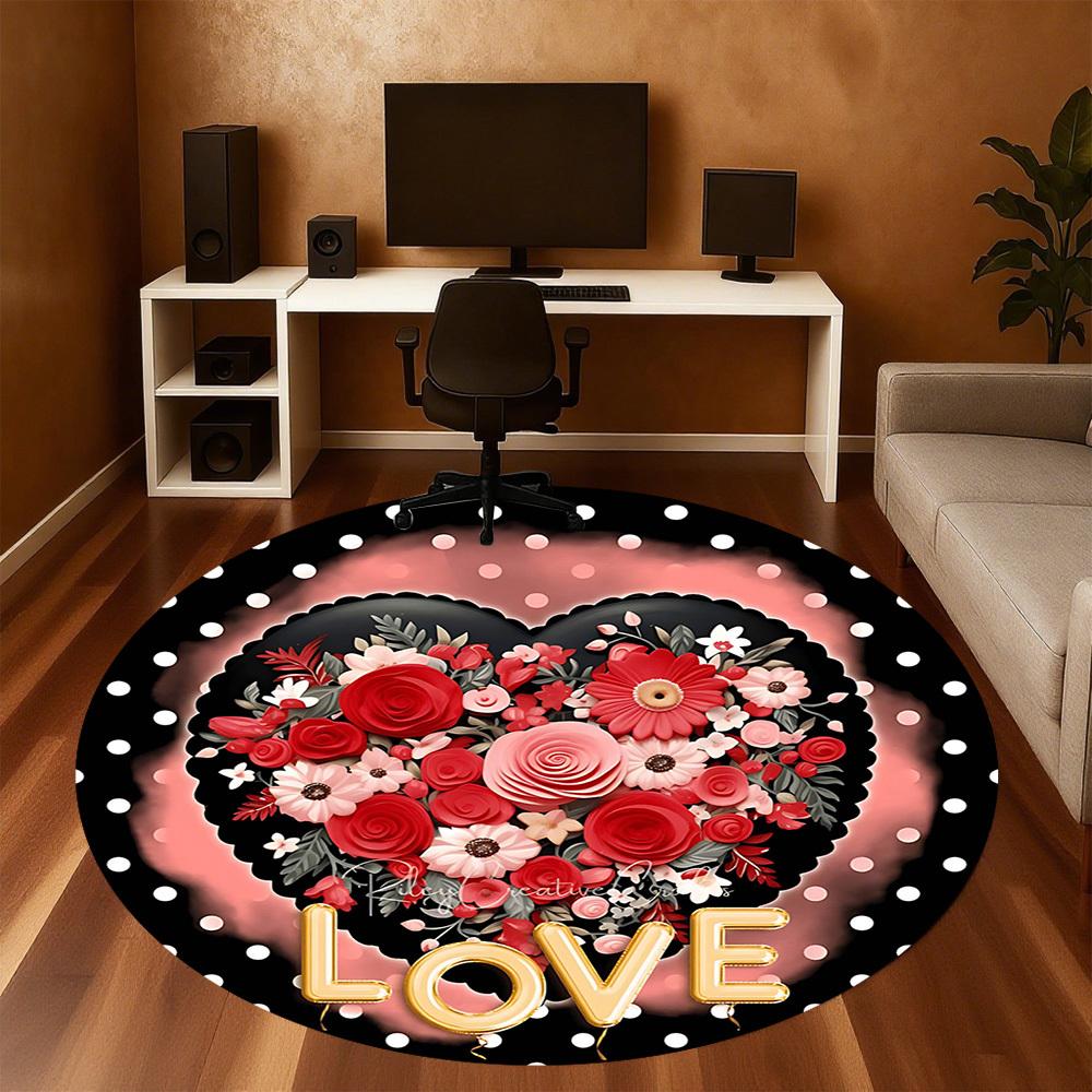 1pc Floral Love Round Chair Mat Area Rug - Non-Slip, Floor Mat for Office, Bedroom, and Indoor Decor -1002239