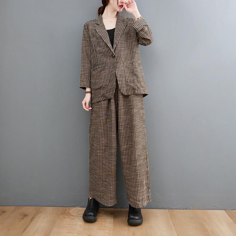 

Женский осенний ретро комплект из хлопково-льняного полосатого блейзера и брюк широкого кроя 2024 Plus Size L