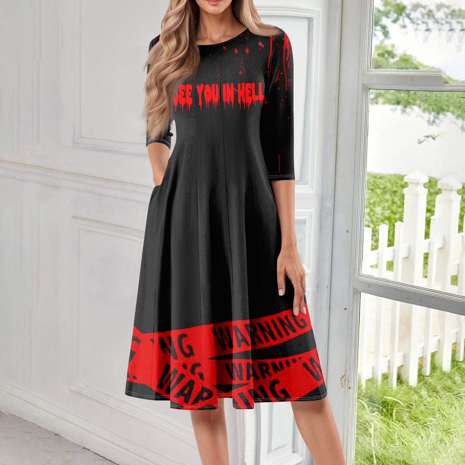 

Женское повседневное модное миди-платье с круглым вырезом, рукавом три четверти и принтом на Хэллоуин XL