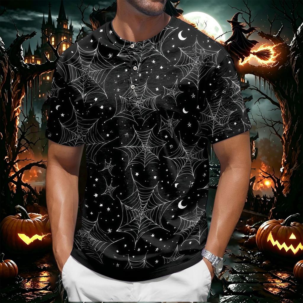 Men's Halloween Spider Web Print Short Sleeve Henley Shirt Casual Round Neck Button Front Top