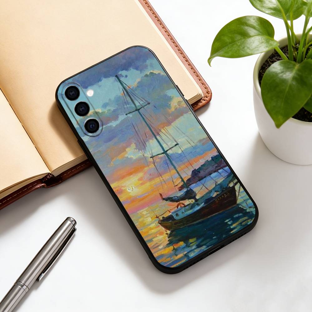 Ölgemälde Segelboot Handyhülle Für Samsung Galaxy A73,A72,A71,A70,A53,A52,A51,Weiche Silikon Schwarze Hülle