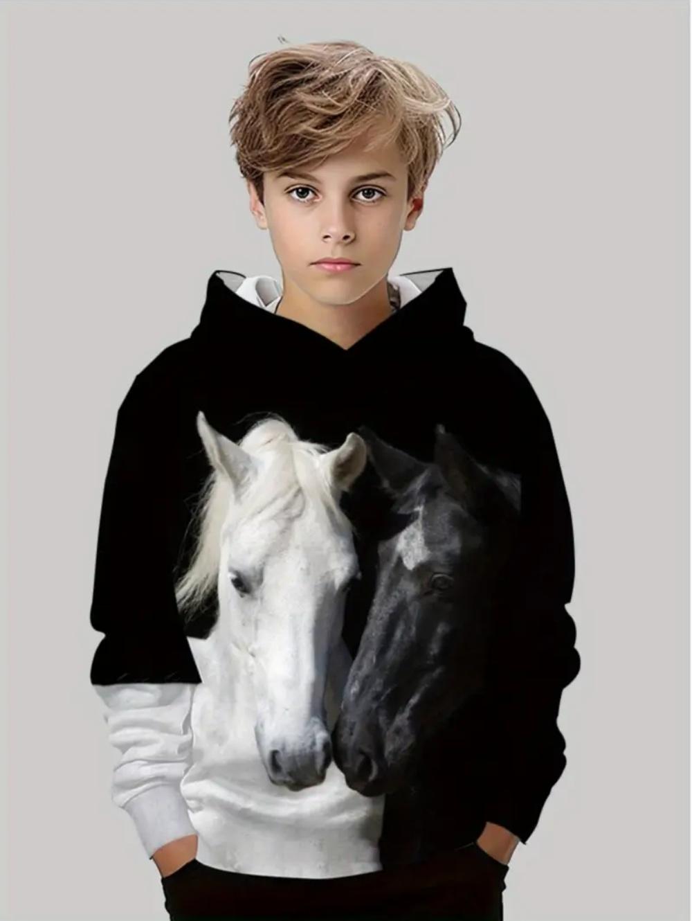 

2025 New Children s Hoodie Fashion Horse Pattern 3d Print Tops Autumn Comfort Long-sleeve Hoodie Cool Children s Clothing Boy 5-6Y