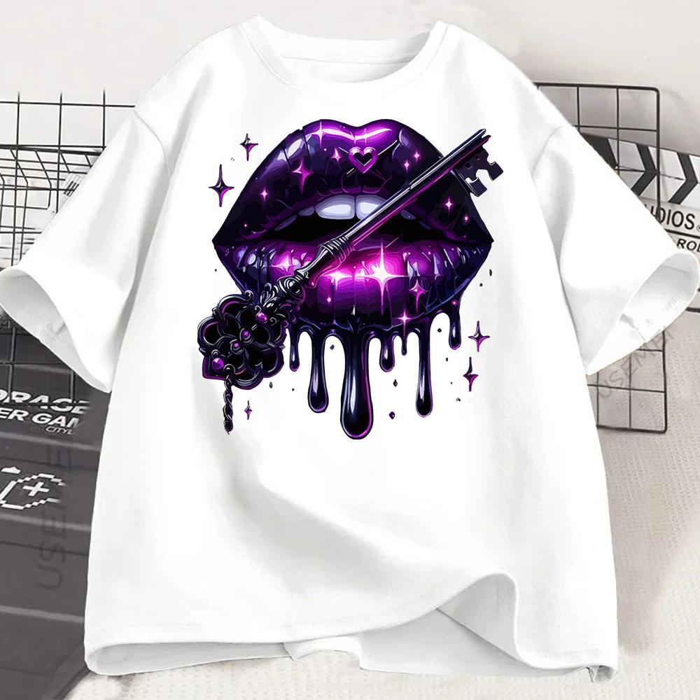 Rosa Glitzer Lippen Grafikdruck T-Shirt Unisex S Kleidung Luxuriöses Make-up T-Shirt Haut Frau Ästhetische Kleidung T-Shirt Großhandel