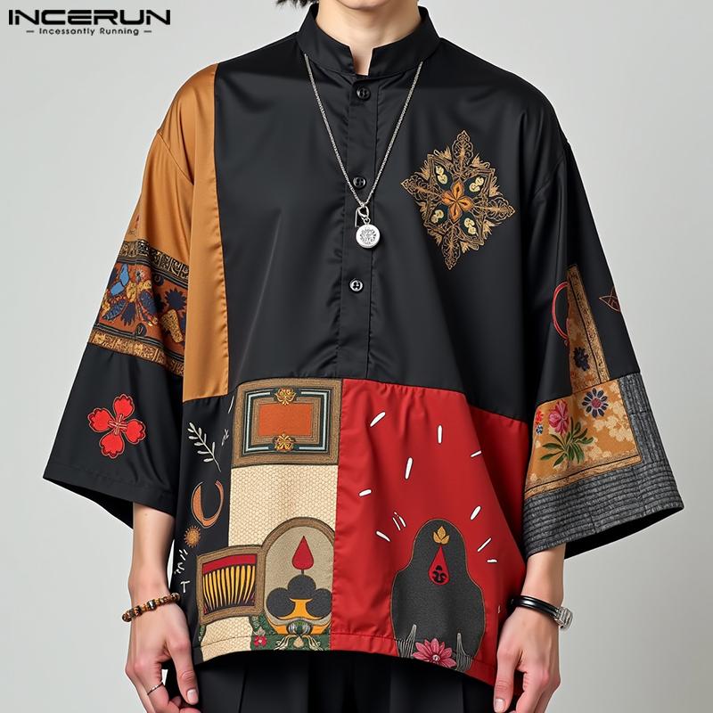 INCERUN Men Vintage Stand Neck 3/4 Sleeve Print Casual Patchwork T-shirts Tops