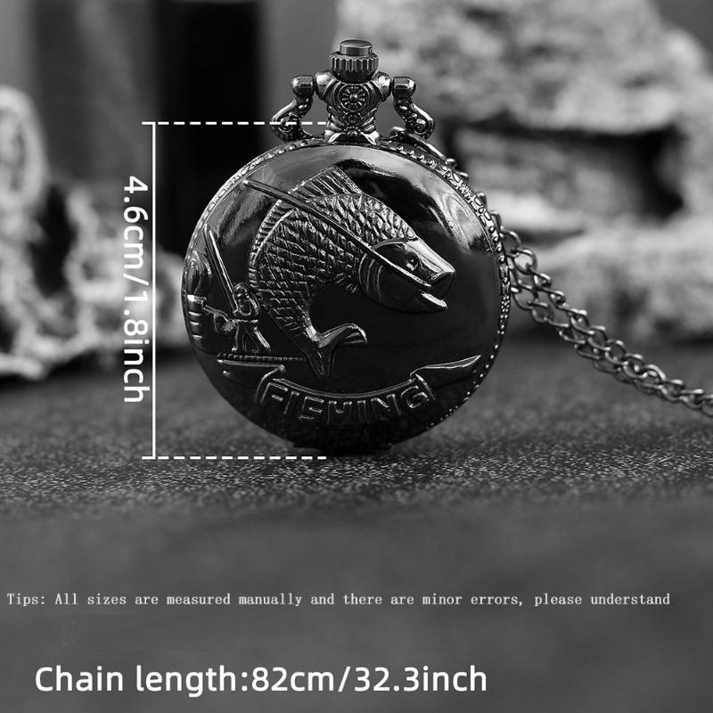 2pcs/set,1PC Retro ‘Fishing Pattern Design’ Quartz Pocket Watch & 1PC Mens Vintage Classic Golden Cross Necklace Pendant,ideal Choice for Gifts