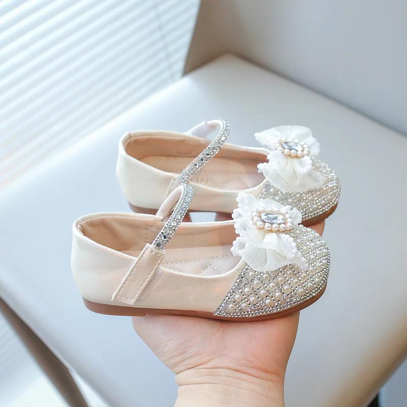 

Little Girls Mary Janes for Wedding Party Shiny Pearls Beading with Big Crystal Glitter Kids Flats Children Fashion Shoes Sweet 25
