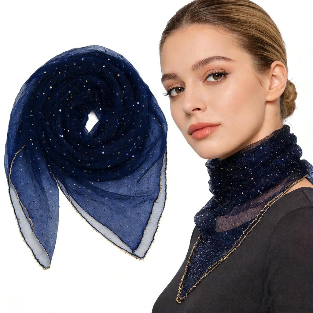 80cm Glitter Rhinestone Square Scarf, Sparkly Mesh Head Wrap for Women